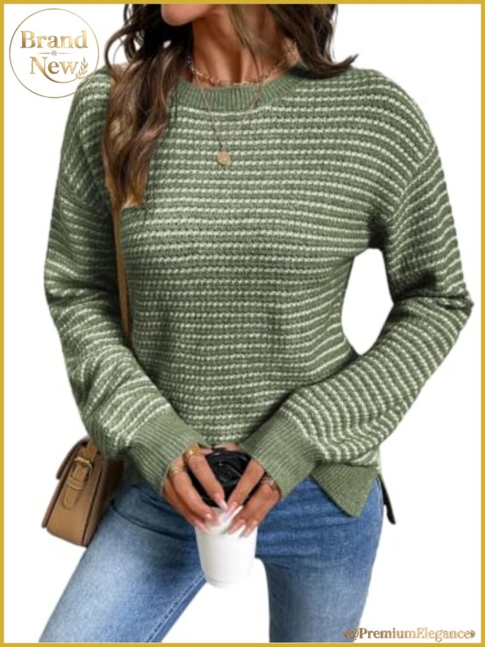 Women's Long Sleeve Striped Crewneck Pullover Sweater, Side Split, Lightweight